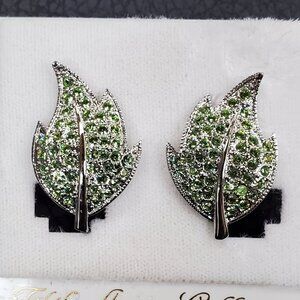 FAC Silvertone Green Peridot Colour Rhinestone Leaf Clip on Earrings